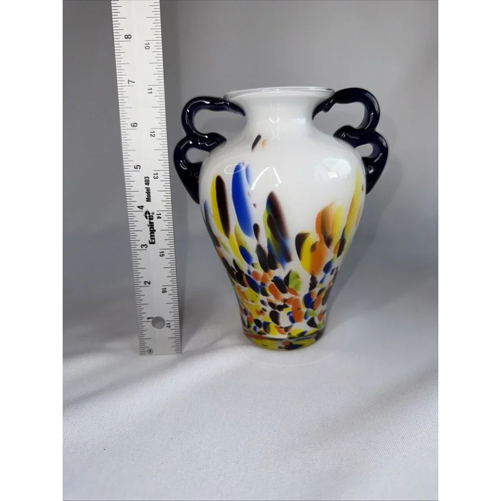 Colorful Glass Vase Speckled Splatter Paint on White Double Cobalt‎ Handle 7